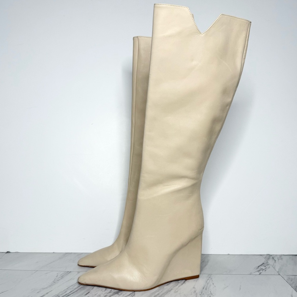 Schutz Asya Up Eggshell Leather Pointy Toe Wedge Tall Boot 8 1/2 B